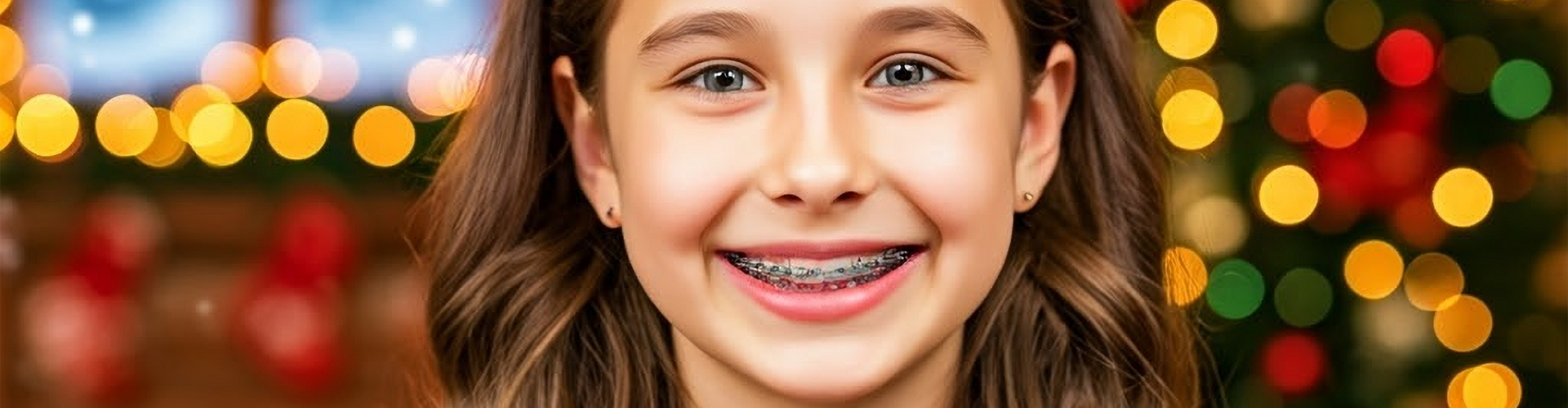 smiling girl wearing braces in front of holiday lights